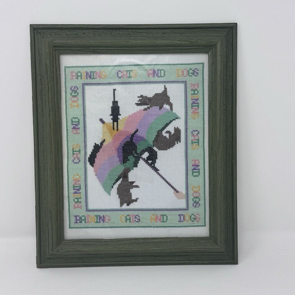 Vintage Handmade Cross Stitch Raining Cats and Dogs Framed 1995 12.5”x11” Green